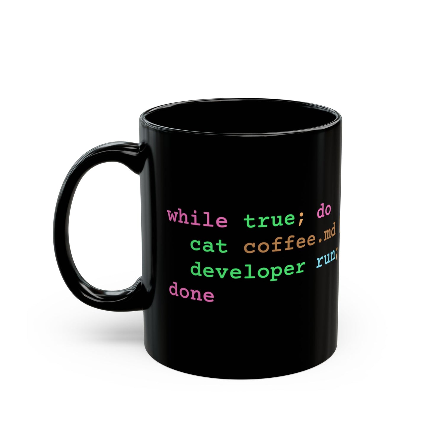 dark-mode mug with a bash loop sending coffee notes to a developer agent - for mugs that understand your backlog.