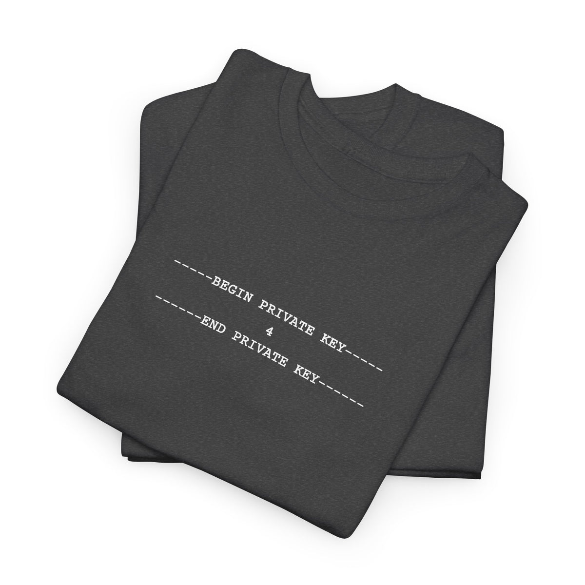 Black tee with a small white monospace private key block containing the number 4, centred on the upper chest.