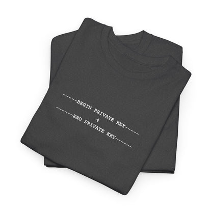 Black tee with a small white monospace private key block containing the number 4, centred on the upper chest.