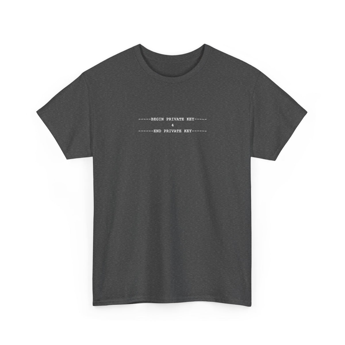 Black tee with a small white monospace private key block containing the number 4, centred on the upper chest.
