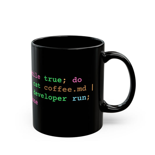 dark-mode mug with a bash loop sending coffee notes to a developer agent - for mugs that understand your backlog.