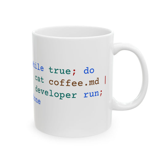 light-mode mug with a bash loop sending coffee notes to a developer agent - for mugs that understand your backlog.
