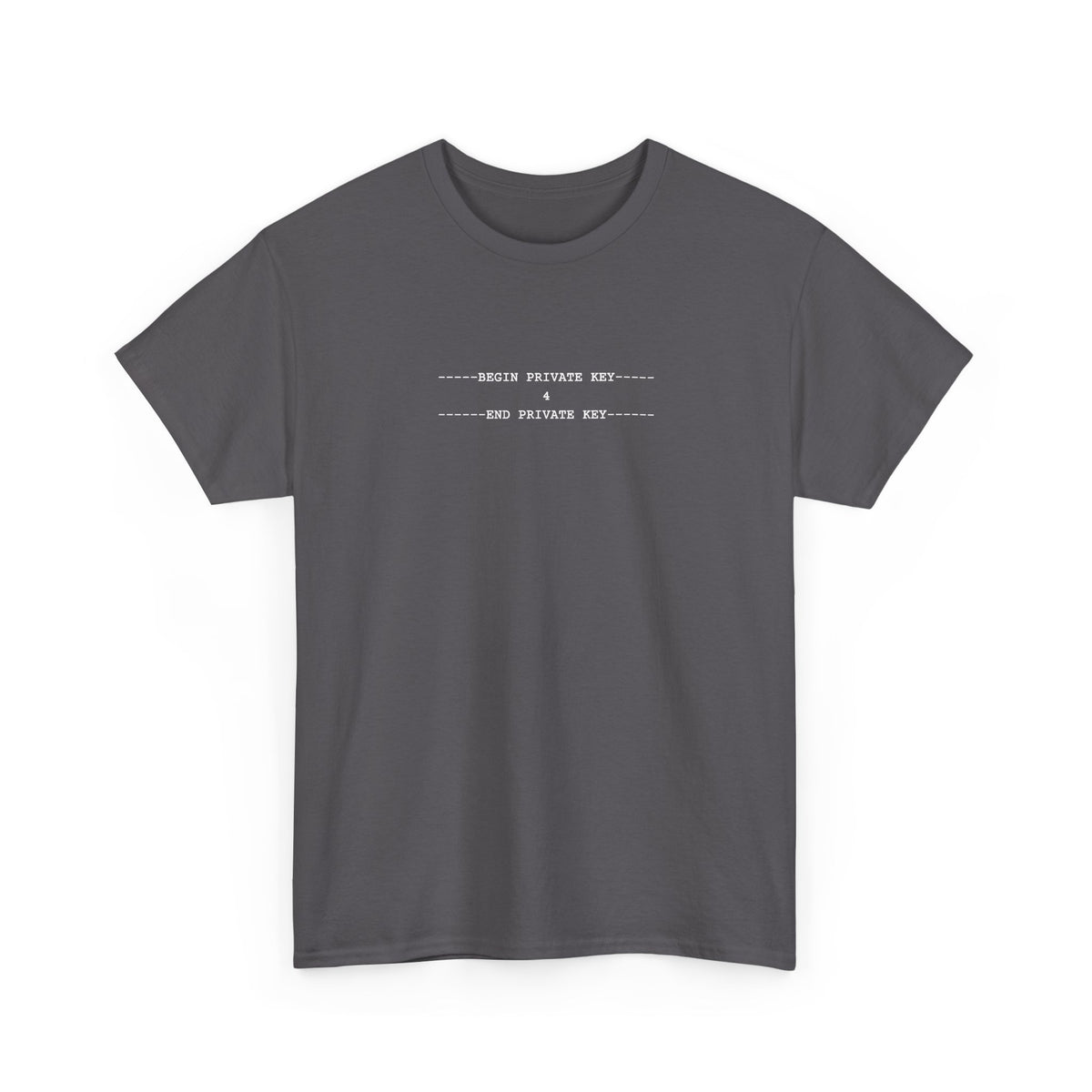 Black tee with a small white monospace private key block containing the number 4, centred on the upper chest.