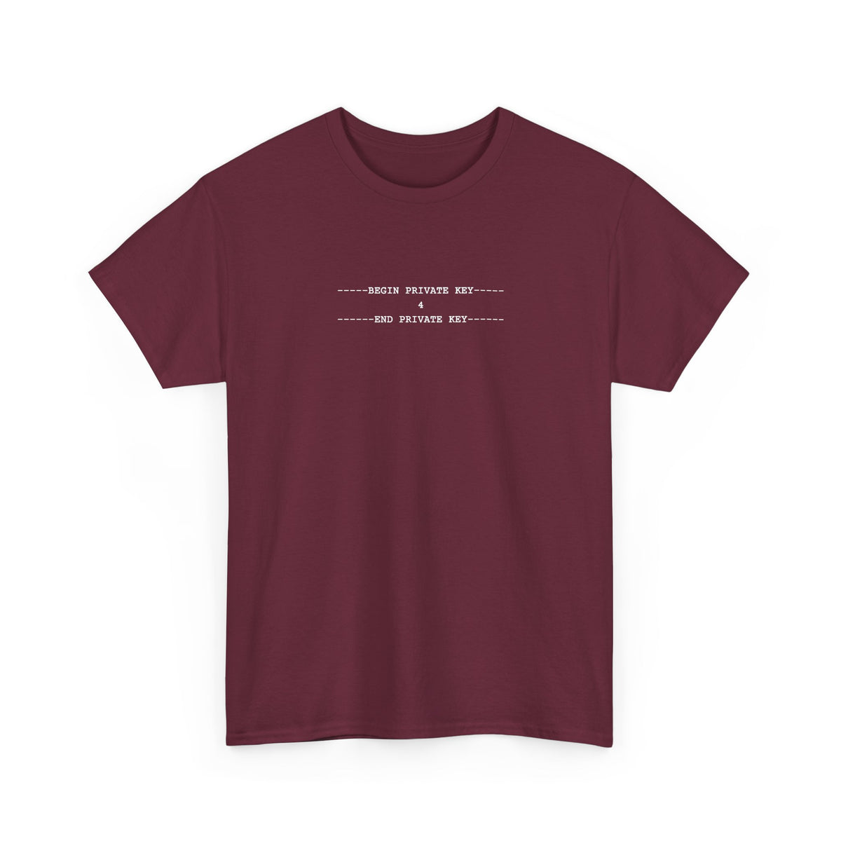 Black tee with a small white monospace private key block containing the number 4, centred on the upper chest.