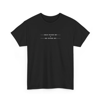 Black tee with a small white monospace private key block containing the number 4, centred on the upper chest.