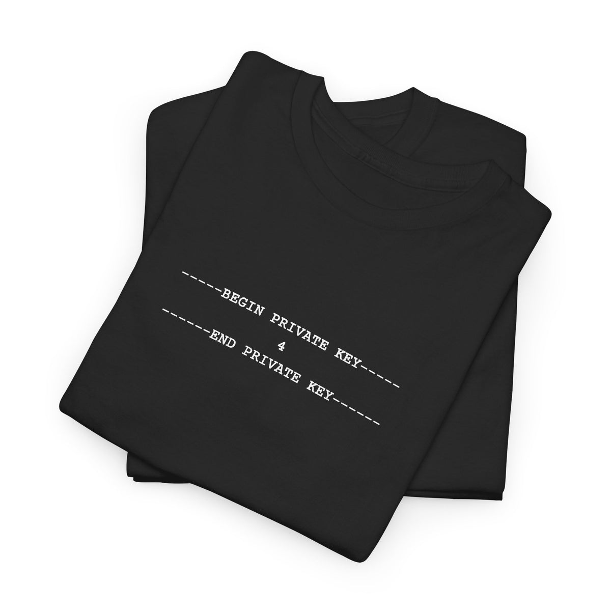 Black tee with a small white monospace private key block containing the number 4, centred on the upper chest.