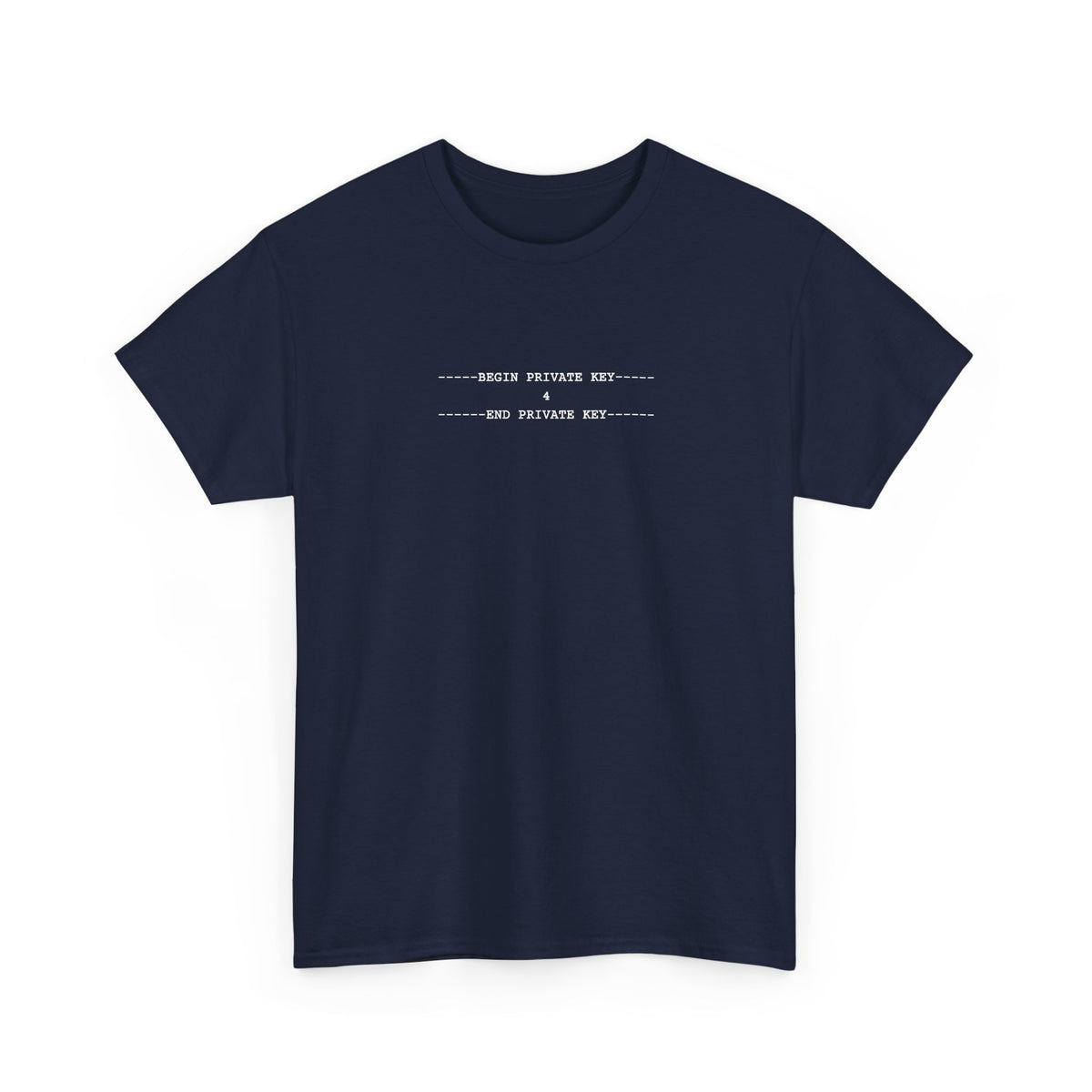 Black tee with a small white monospace private key block containing the number 4, centred on the upper chest.
