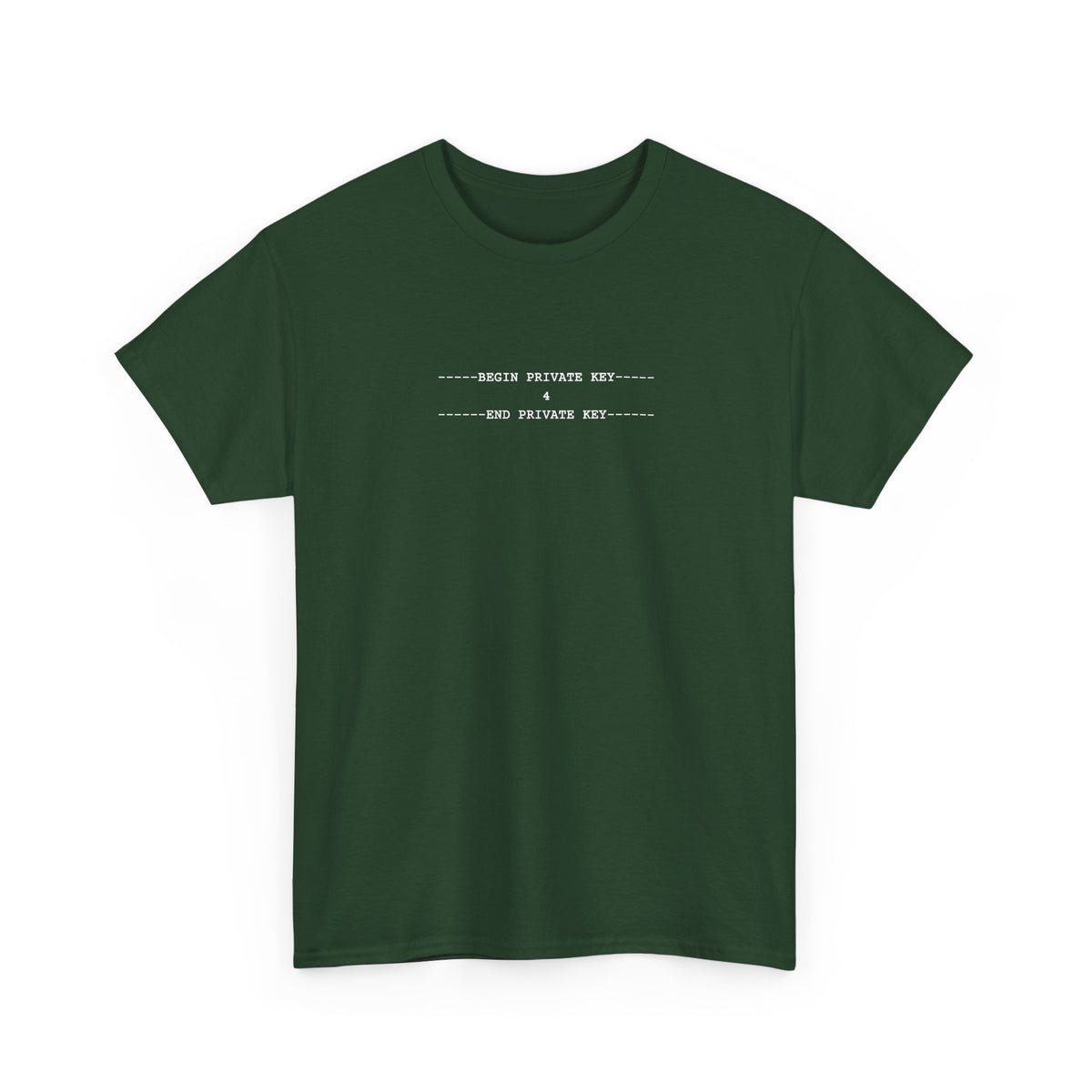 Black tee with a small white monospace private key block containing the number 4, centred on the upper chest.