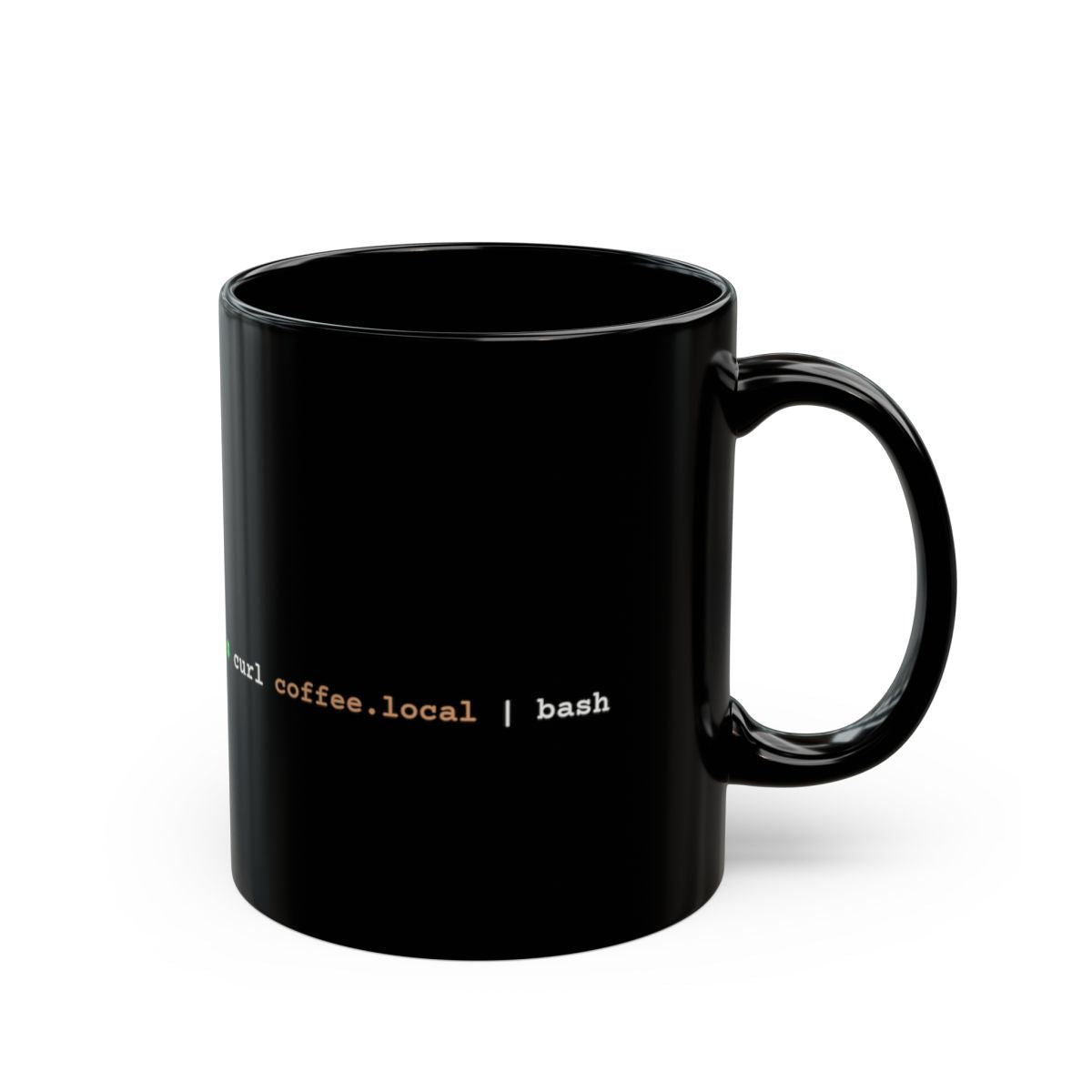 Black coffee2shell mug with handle on the right and coloured shell command on the side.