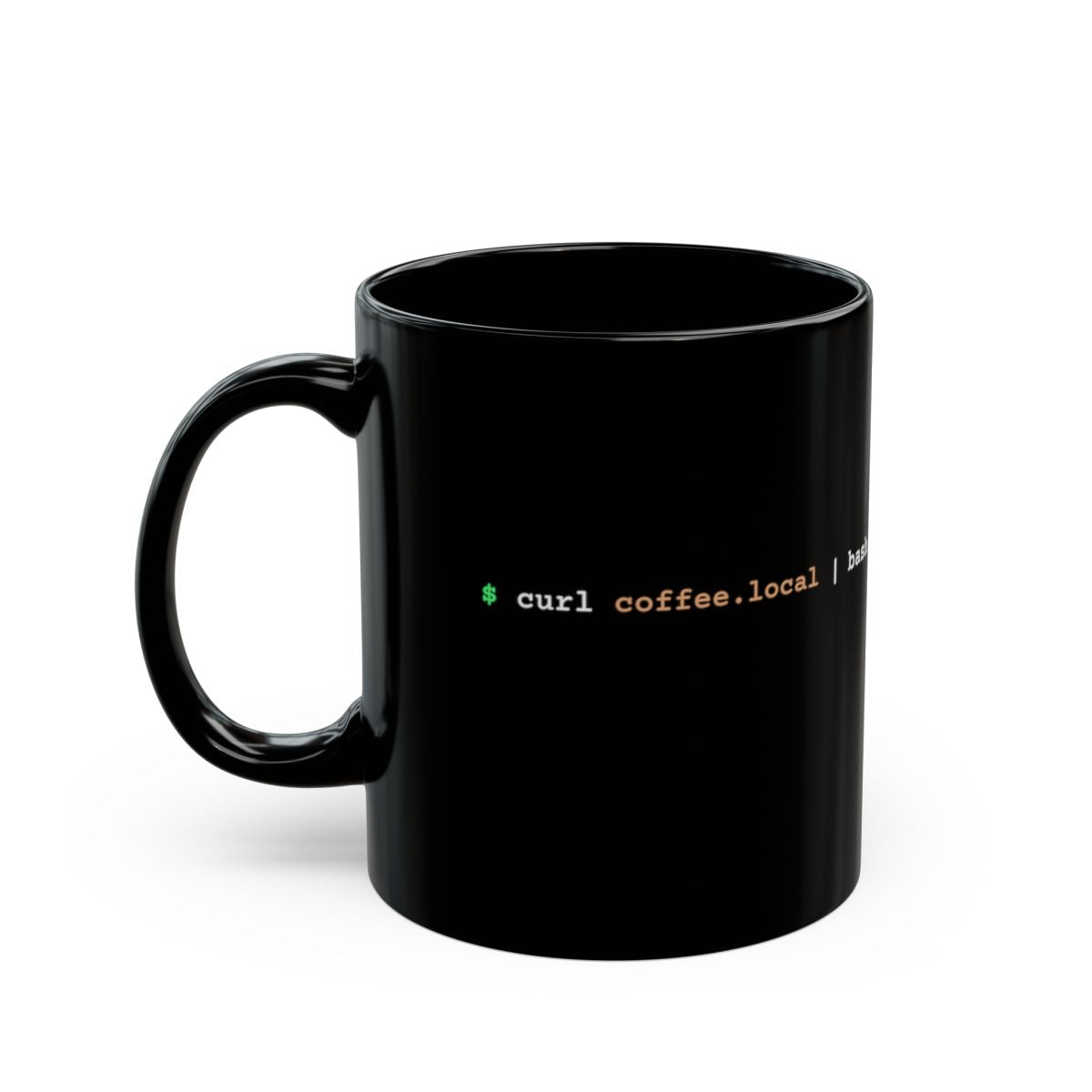 Black coffee2shell mug with handle on the left and coloured shell command on the side.