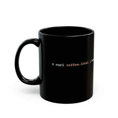 Black coffee2shell mug with handle on the left and coloured shell command on the side.