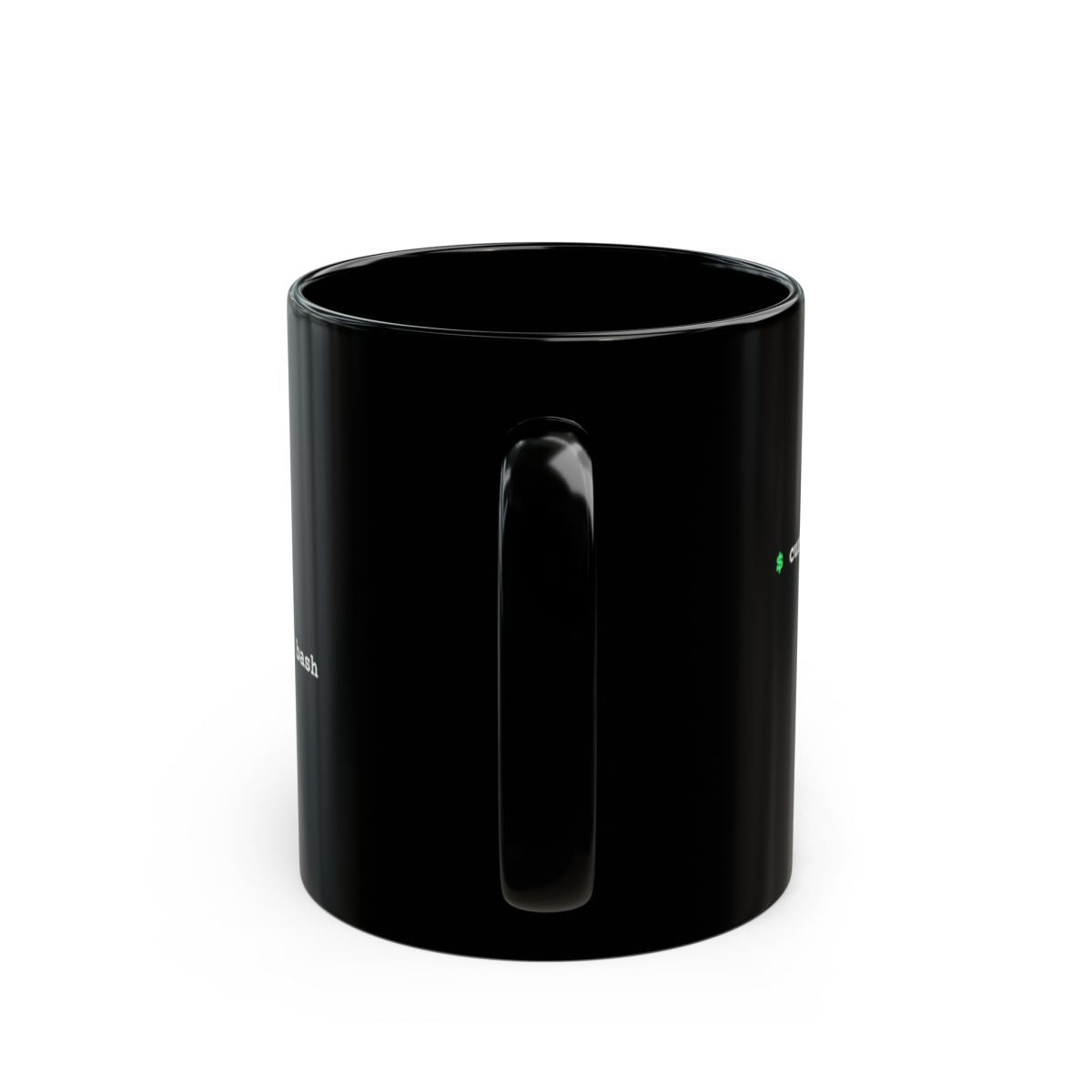 Handle-side view of the black coffee2shell mug with coloured shell command.