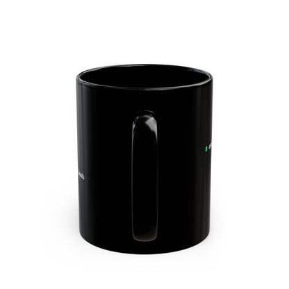 Handle-side view of the black coffee2shell mug with coloured shell command.