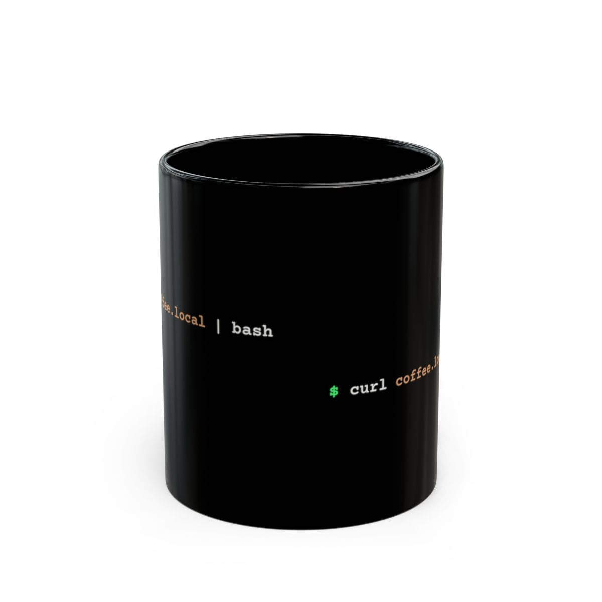 Front view of black coffee2shell mug showing the green, brown and off-white command on both sides.