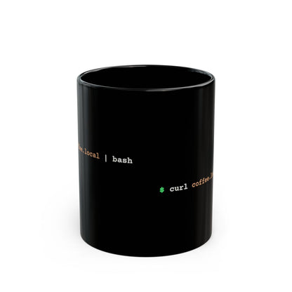 Front view of black coffee2shell mug showing the green, brown and off-white command on both sides.